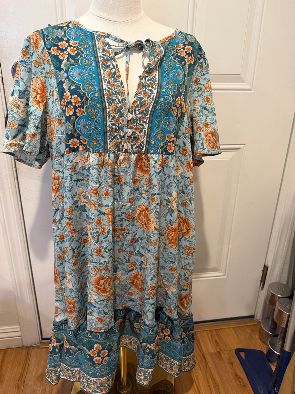 Boho Floral Midi Dress in Light Blue and Orange